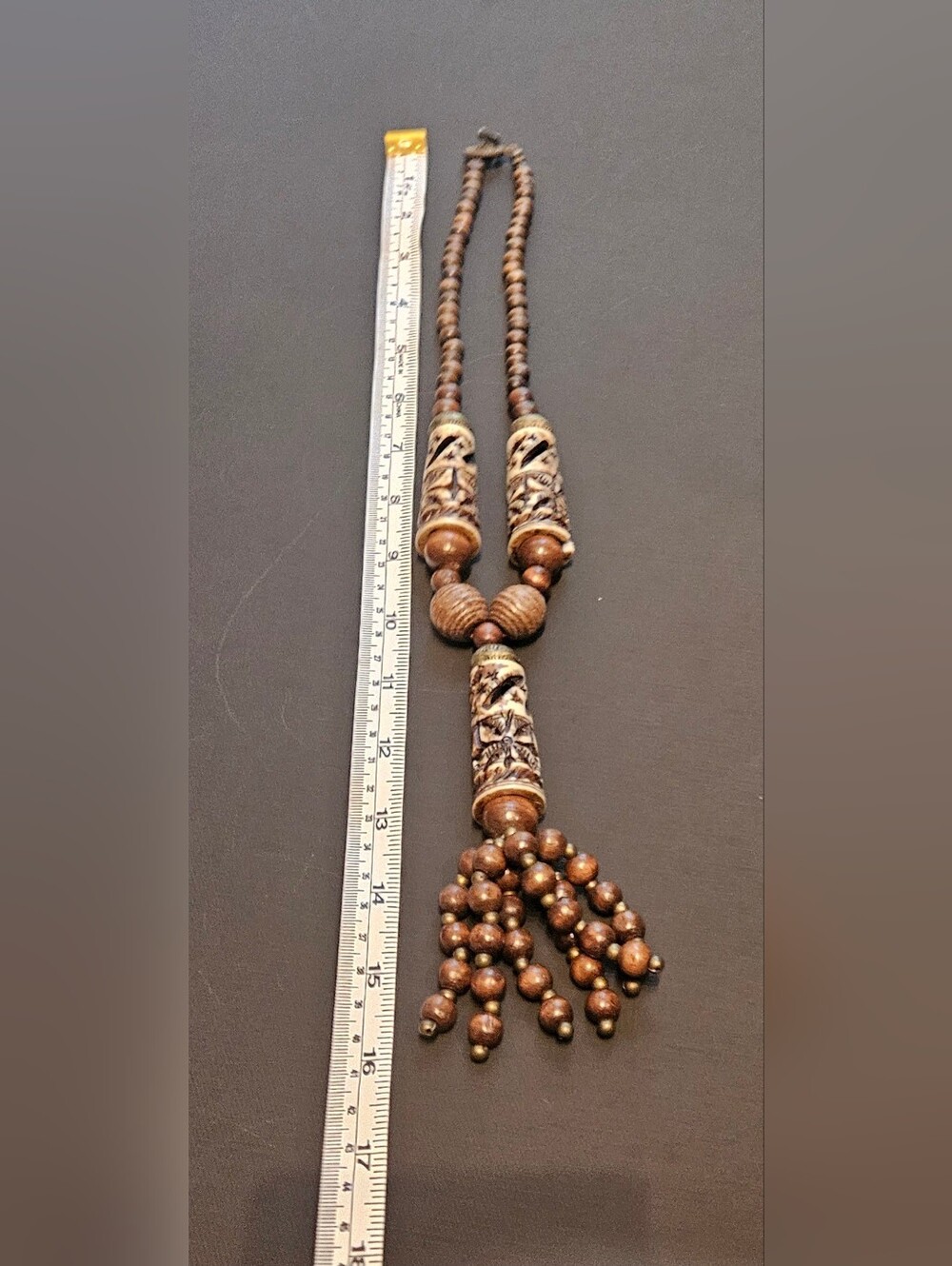 Boho Brown Carved Wood Bead Tassel Necklace